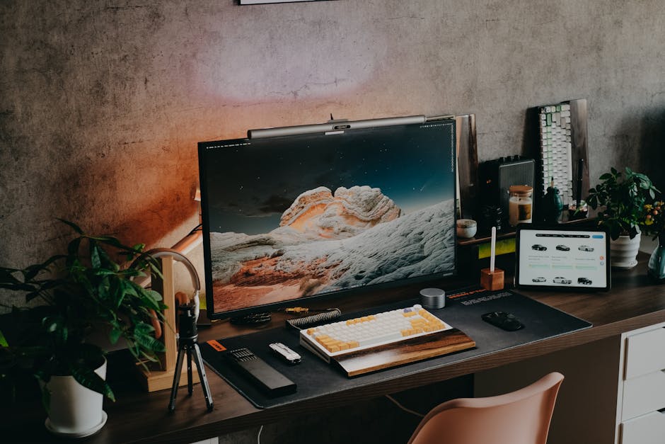 A tidy desk setup with monitor, keyboard, and plants